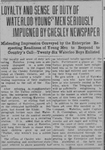 Loyalty and Sense of Duty of Waterloo Young Men Seriously Impugned by Chesley Newspaper
